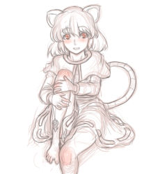 Rule 34 | 1girl, animal ears, barefoot, blush, capelet, dress, highres, hugging own legs, jewelry, unworn jewelry, kuro suto sukii, looking at viewer, mouse ears, mouse tail, nazrin, necklace, unworn necklace, simple background, sketch, smile, solo, tail, touhou, white background