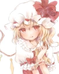 Rule 34 | 1girl, bebitera, blonde hair, closed mouth, commentary request, cookie, flandre scarlet, food, hat, hat ribbon, holding, licking lips, light smile, long hair, looking at viewer, mob cap, red eyes, red ribbon, ribbon, solo, tongue, tongue out, touhou, upper body, white hat, wings, wrist cuffs