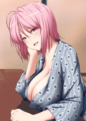 Rule 34 | 1girl, :d, alternate costume, blurry, blurry background, blush, breast rest, breasts, cleavage, collarbone, commentary request, eyes visible through hair, hand up, head rest, head tilt, highres, indoors, japanese clothes, kimono, large breasts, long sleeves, looking at viewer, no headwear, nori tamago, open mouth, pink hair, print kimono, red eyes, saigyouji yuyuko, shadow, short hair, smile, solo, touhou, upper body, wide sleeves