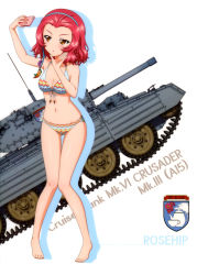 Rule 34 | 1girl, absurdres, arm up, barefoot, bikini, blue hairband, blush, breasts, brown eyes, character name, cleavage, collarbone, crusader (tank), front-tie bikini top, front-tie top, full body, girls und panzer, gluteal fold, groin, hairband, highres, medium breasts, military, military vehicle, motor vehicle, navel, parted lips, print bikini, red hair, rosehip (girls und panzer), selfie, shiny skin, short hair, solo, swimsuit, tank, thigh gap, white background