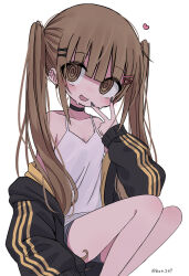 Rule 34 | 1girl, blunt bangs, blush, brown eyes, brown hair, choker, collarbone, hair ornament, highres, jacket, kanikan, long hair, long sleeves, off shoulder, open clothes, open jacket, open mouth, original, simple background, sleeves past wrists, swimsuit, twintails, underwear, v, white background