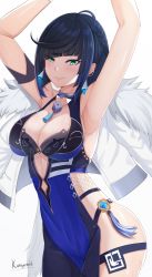 Rule 34 | 1girl, absurdres, aqua eyes, armpits, arms up, artist name, blue hair, blush, braid, breasts, cleavage, closed mouth, commentary, earrings, fur trim, genshin impact, highres, jacket, jacket on shoulders, jewelry, kuroyamii, large breasts, lips, looking at viewer, shiny skin, short hair, signature, simple background, smile, solo, thighs, white background, yelan (genshin impact)