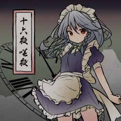 Rule 34 | 1girl, arms at sides, blue dress, blush, bow, bowtie, braid, breasts, closed mouth, commentary request, dot mouth, dress, frills, green bow, green bowtie, hair between eyes, hair bow, hair ribbon, highres, izayoi sakuya, looking at viewer, maid headdress, puffy short sleeves, puffy sleeves, red eyes, ribbon, roman numeral, ryogo, short hair, short sleeves, side braids, silver hair, small breasts, solo, touhou, translated, tress ribbon, twin braids, upper body, white headwear, wrist cuffs