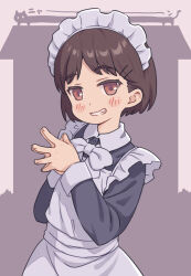 Rule 34 | 1girl, apron, blush, bow, bowtie, broiler, brown eyes, brown hair, collared dress, dress, grin, highres, long sleeves, looking at viewer, maid, maid headdress, original, own hands together, short hair, smile, solo