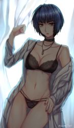 Rule 34 | 10s, 1girl, black bra, black panties, blue hair, bra, breasts, brown eyes, choker, cleavage, collar, commentary, gluteal fold, jewelry, lab coat, lingerie, looking at viewer, medium breasts, nail polish, navel, necklace, off shoulder, panties, parted lips, persona, persona 5, red nails, short hair, solo, stomach, studded collar, takemi tae, thigh gap, toned, underwear, yaoto