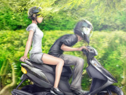 Rule 34 | 1boy, 1girl, covered eyes, covered face, dated, day, driving, from side, helmet, hood, hoodie, in the face, leaning forward, motion blur, motor vehicle, motorcycle, multiple riders, original, outdoors, plant, s zenith lee, scooter, short hair, shorts, signature, spread legs, vehicle