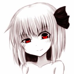 Rule 34 | 1girl, collarbone, female focus, hair ribbon, iruru5666, monochrome, nude, portrait, red eyes, ribbon, rumia, solo, spot color, squinting, touhou, you gonna get raped