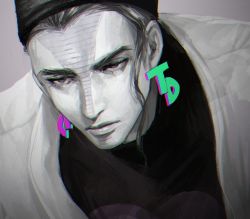 Rule 34 | 1boy, chromatic aberration, earrings, expressionless, facial mark, greyscale, headband, highres, jewelry, jojo no kimyou na bouken, male focus, meron nouka, monochrome, solo, spot color, tattoo, terence t. d&#039;arby
