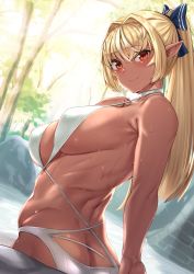 Rule 34 | 1girl, ass, blonde hair, blush, breasts, butt crack, curvy, dark-skinned female, dark elf, dark skin, elf, hair ribbon, highres, hololive, hololive fantasy, large breasts, long hair, looking at viewer, moisture (chichi), multicolored hair, pointy ears, ponytail, red eyes, ribbon, shiranui flare, sideboob, smile, solo, streaked hair, virtual youtuber, wet, white hair