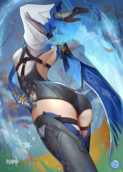 Rule 34 | 1girl, absurdres, ass, ass focus, back cutout, blue hair, blue necktie, breasts, cape, clothing cutout, eula (genshin impact), fighting stance, from behind, genshin impact, gloves, highres, leotard, maoy123, medium breasts, necktie, standing, sword, thigh strap, thighhighs, thighs, vambraces, weapon