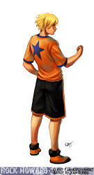 Rule 34 | 1boy, blonde hair, clenched hand, fatal fury, full body, hand on own hip, male focus, garou: mark of the wolves, rejean dubois, rock howard, shirt, shoes, short hair, shorts, sneakers, snk, solo, standing, star (symbol), t-shirt, white background, aged down