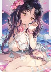 Rule 34 | 1girl, bare shoulders, bikini, black hair, blush, bracelet, braid, breasts, chest tattoo, cleavage, earrings, facial mark, fate/grand order, fate (series), flower, forehead mark, hair flower, hair ornament, highres, jewelry, large breasts, long hair, looking at viewer, multicolored hair, necklace, parted bangs, pearl bracelet, pearl earrings, pearl necklace, pink hair, sarong, sessyoin kiara, sessyoin kiara (swimsuit mooncancer), sessyoin kiara (swimsuit mooncancer) (first ascension), shell, shell necklace, sitting, smile, solo, streaked hair, swimsuit, tattoo, thighs, twin braids, very long hair, vivi (eve no hakoniwa), wariza, white bikini, yellow eyes