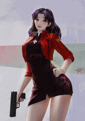 Rule 34 | 1girl, absurdres, bare legs, blue eyes, cross, cross necklace, curvy, dress, earrings, greek cross, gun, hand on own hip, highres, holding, holding gun, holding weapon, honey brush, jacket, jewelry, katsuragi misato, lips, long hair, looking to the side, necklace, neon genesis evangelion, open clothes, open jacket, purple hair, red jacket, red lips, short dress, simple background, smile, thighs, weapon, wide hips