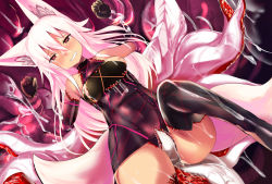 Rule 34 | 1girl, animal ears, biosuit, breasts, clothed sex, corruption, dark persona, elbow gloves, fox ears, fox tail, gloves, heart, heart-shaped pupils, highres, kokonoe tsubaki, living clothes, long hair, multiple tails, nipples, original, red eyes, restrained, small breasts, solo, symbol-shaped pupils, tail, tentacle sex, tentacles, thighhighs, white hair, yoshizawa tsubaki