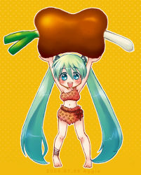 Rule 34 | 1girl, alternate costume, barefoot, boned meat, caveman, food, happy, hatsune miku, kichijou agata, long hair, meat, solo, spring onion, standing, twintails, very long hair, vocaloid