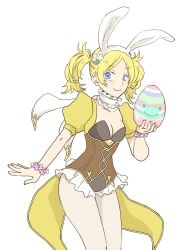 Rule 34 | 1girl, animal ears, bad id, bad twitter id, blonde hair, blue eyes, blush, breasts, cleavage, cowboy shot, easter, easter egg, egg, fake animal ears, fire emblem, fire emblem awakening, fire emblem heroes, food, highres, leotard, lissa (fire emblem), looking at viewer, nintendo, playboy bunny, rabbit ears, simple background, smile, solo, solo focus, twintails, white background