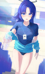 Rule 34 | 1girl, absurdres, bare legs, black halo, black shirt, blue archive, blue buruma, blurry, blurry background, bottle, buruma, commentary request, halo, highres, holding, holding bottle, id card, jacket, looking at viewer, off shoulder, official alternate costume, outdoors, partially unzipped, ponytail, purple eyes, purple hair, shirt, sidelocks, stadium, standing, star (symbol), sticker on face, track jacket, water bottle, worried, y4mori gekko, yuuka (blue archive), yuuka (track) (blue archive)