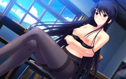 Rule 34 | 1girl, :|, black bra, black eyes, black hair, black panties, black pantyhose, blush, book, bookshelf, bra, bra pull, breast hold, breasts, ceiling, chair, classroom, closed mouth, clothes pull, cloud, collarbone, covered navel, crossed arms, crossed legs, cushion, day, desk, dutch angle, embarrassed, from side, game cg, hair between eyes, hair ornament, hairclip, hill, indoors, lace, lace-trimmed bra, lace-trimmed panties, lace trim, large breasts, legs, lingerie, long hair, long legs, looking away, looking down, navel, nipples, owari mio, panties, panties under pantyhose, pantyhose, polka dot, puffy nipples, purple eyes, school, school desk, shibayuki, sidelocks, sitting, sky, solo, strap slip, thighband pantyhose, thighs, underwear, underwear only, undressing, very long hair, window, zutto tsukushite ageru no!