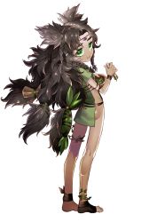 Rule 34 | ass, braid, character request, dark skin, from behind, full body, green eyes, looking back, messy hair, no panties, parted bangs, rokkotsu, side slit, simple background, smile, standing, toes, white background, yuba no shirushi
