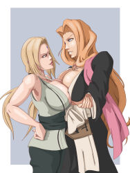 Rule 34 | 2girls, absurdres, bleach, breast press, breasts, cleavage, crossover, girl sandwich, highres, huge breasts, large breasts, matsumoto rangiku, multiple girls, naruto (series), naruto shippuuden, sandwiched, smile, tsunade (naruto)