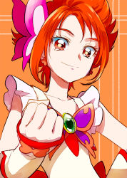 Rule 34 | 00s, 1girl, cure rouge, detached sleeves, eyelashes, hair ornament, happy, kurochiroko, looking at viewer, magical girl, natsuki rin, precure, red background, red eyes, red hair, red theme, shirt, short hair, sketch, smile, solo, spiked hair, standing, wrist cuffs, yes! precure 5