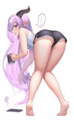 Rule 34 | 1girl, ass, bare legs, barefoot, bent over, black shorts, blush, bow, braid, breasts, broken, cellphone, cup, dolphin shorts, from behind, full body, giving up the ghost, hair bow, highres, holding, holding cup, horns, kneepits, knees together feet apart, long hair, looking at viewer, looking back, medium breasts, motion lines, mug, open mouth, original, phone, pointy ears, purple bow, purple eyes, purple hair, short shorts, shorts, side braid, simple background, sleeveless, smartphone, solo, suraimu (suraimuraimu), sweat, tank top, tearing up, tears, trembling, very long hair, white background