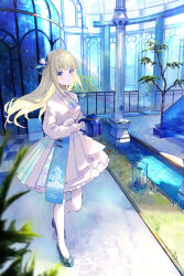 Rule 34 | 1girl, absurdres, blonde hair, blue eyes, blue theme, corset, dress, flower, hair flower, hair ornament, highres, indoors, long hair, original, pantyhose, parted lips, pillar, rei (farta litia), solo, stairs, standing, water, watering can, white dress, white pantyhose