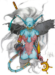 Rule 34 | 1girl, breasts, breath of fire, breath of fire ii, covered erect nipples, facial mark, furry, furry female, gloves, long hair, no panties, no pants, pointy ears, rinpoo chuan, solo, staff, tail, white background, wings