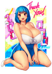 Rule 34 | 1girl, absurdres, bare shoulders, blue hair, blue skirt, blush, breasts, cleavage, erkaz, high heels, highres, huge breasts, looking at viewer, medium hair, milestone celebration, open mouth, original, outline, pleated skirt, red eyes, rina atherina, skirt, smile, solo, strapless, thank you, white footwear, white outline
