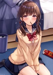 Rule 34 | 1girl, bed, between legs, black socks, blue sailor collar, blue skirt, blush, bow, box, breasts, brown cardigan, brown hair, cardigan, commentary request, food, food in mouth, hair over shoulder, hair ribbon, hand between legs, heart, indoors, long hair, long sleeves, looking at viewer, low twintails, mouth hold, no shoes, original, pleated skirt, pocky, red bow, red eyes, red ribbon, ribbon, sailor collar, sakura hiyori, school uniform, serafuku, shirt, sitting, skirt, sleeves past wrists, small breasts, socks, solo, trash can, twintails, wariza, white shirt