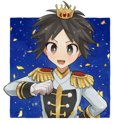 Rule 34 | 1boy, brown eyes, brown hair, clenched hand, confetti, creatures (company), crown, epaulettes, game freak, hand on own chest, highres, male focus, mio14s, nate (champion) (pokemon), nate (pokemon), nintendo, official alternate costume, pokemon, pokemon masters ex, signature, solo, upper body