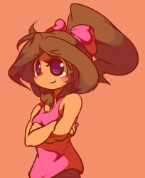 Rule 34 | 1girl, black pants, blush stickers, bow, brown hair, closed mouth, colored eyelashes, commentary, commission, crossed arms, english commentary, hair bow, high ponytail, looking ahead, medium hair, orange background, original, pants, pink bow, pink tank top, purple eyes, smile, tank top, temmie chang, upper body