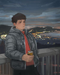 Rule 34 | 1boy, against railing, bakemonookome, bara, black hair, black pants, bomber jacket, can, facial hair, goatee stubble, grey jacket, holding, holding can, hood, hood down, hooded jacket, jacket, looking to the side, night, original, pants, railing, red sweater, short hair, skyline, solo, steam from mouth, stubble, sweater, turtleneck, turtleneck sweater