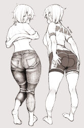 Rule 34 | 1girl, ass, ass focus, bike shorts, bra, bra peek, breasts, character name, closed mouth, clothes lift, denim, from behind, full body, glasses, grey background, greyscale, hair ornament, hands on own ass, highres, jeans, koeru otoge-san, lineart, looking at viewer, looking back, medium breasts, monochrome, multiple views, neyuki rei, otouge azuki, pants, pantylines, shirt, short hair, sideboob, simple background, socks, sweater, sweater lift, thighs, underwear