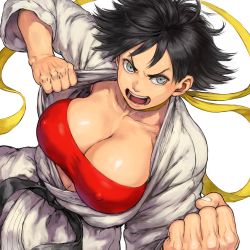 Rule 34 | 1girl, bandeau, belt, black belt, black hair, breasts, capcom, choker, cleavage, cleavage reach, clenched hand, collarbone, covered erect nipples, dougi, fingernails, frown, grey eyes, jacket, karate gi, large breasts, looking at viewer, makoto (street fighter), martial arts belt, open mouth, pants, short hair, shu-mai, simple background, solo, strapless, street fighter, street fighter iii (series), tube top, undressing, v-shaped eyebrows, white background, white jacket, white pants, yellow choker