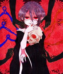 Rule 34 | 1girl, alternate costume, asymmetrical hair, asymmetrical wings, bad id, bad pixiv id, black dress, black hair, dress, highres, houjuu nue, japanese clothes, kimono, long sleeves, looking at viewer, nail polish, obi, off shoulder, pointy ears, red background, red eyes, sash, shimana (cs-ts-az), short hair, simple background, skull, solo, solo focus, touhou, wide sleeves, wings