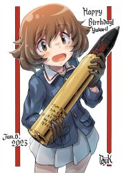 Rule 34 | 1girl, :d, absurdres, akiyama yukari, artist name, birthday, blackletter, blue jacket, blush, border, brown eyes, brown gloves, brown hair, character name, collared jacket, commentary, cowboy shot, dated, english text, girls und panzer, gloves, hair between eyes, happy birthday, highres, holding, holding shell, jacket, kuroneko douji, long sleeves, looking at viewer, messy hair, military, military jacket, military uniform, ooarai military uniform, open mouth, outline, pleated skirt, raised eyebrows, red border, shell, short hair, signature, skirt, smile, solo, standing, tank shell, uniform, white background, white outline, white skirt