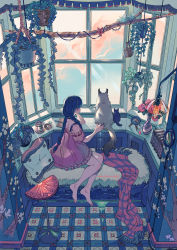 Rule 34 | 1girl, absurdres, animal, barefoot, blue hair, cat, dress, from behind, highres, indoors, pink dress, plant, scarf, umishima senbon, window