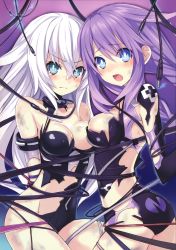 Rule 34 | &gt;:|, 10s, 2girls, :o, :|, absurdres, angry, aqua eyes, arms behind back, ass, bare shoulders, bdsm, black heart (neptunia), blue eyes, blush, bondage, bound, bound together, braid, breasts, bruise, cable, cleavage, cleavage cutout, closed mouth, clothing cutout, cowboy shot, emblem, female focus, flipped hair, from side, groin, hair between eyes, halterneck, highres, injury, leotard, long hair, looking at viewer, looking back, magical girl, medium breasts, multiple girls, neptune (neptunia), neptune (series), noire (neptunia), official art, open mouth, outline, power symbol, power symbol-shaped pupils, purple eyes, purple hair, purple heart (neptunia), raised eyebrows, restrained, scan, sideboob, sidelocks, symbol-shaped pupils, tears, torn clothes, torn leotard, tsunako, turtleneck, twin braids, v-shaped eyebrows, very long hair, white hair