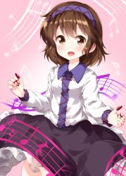 Rule 34 | 1girl, arm up, beamed eighth notes, beamed sixteenth notes, black skirt, blush, brown eyes, brown hair, eighth note, frilled skirt, frills, gradient background, hair between eyes, hairband, highres, long sleeves, looking at viewer, musical note, open mouth, pink background, plectrum, quarter note, quarter rest, ruu (tksymkw), shirt, short hair, sixteenth rest, skirt, solo, staff (music), standing, touhou, tsukumo yatsuhashi, upper body, white shirt