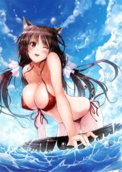 Rule 34 | 1girl, ;d, absurdres, animal ears, arm support, bikini, blue sky, blush, breasts, brown hair, cat ears, cat tail, cleavage, day, front-tie top, highres, large breasts, long hair, mikuni mizuki, non-web source, ocean, one eye closed, open mouth, original, outdoors, red bikini, red eyes, scan, side-tie bikini bottom, skindentation, sky, smile, solo, sparkle, splashing, string bikini, swimsuit, tail, tiger ears, tiger tail, two side up, very long hair, water, water drop, wink