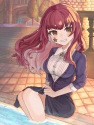 Rule 34 | 1girl, black skirt, buttons, casual, collared shirt, facial mark, fire emblem, fire emblem engage, hair ornament, highres, kans0u55, long hair, looking at viewer, nintendo, official alternate costume, on floor, partially submerged, red eyes, red hair, shirt, sitting, skirt, smile, solo, star (symbol), sweater, water, white shirt, yunaka (fire emblem)