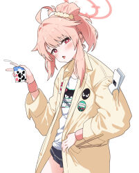 Rule 34 | 1girl, absurdres, ahoge, blue archive, bright pupils, cowboy shot, drumsticks, fon (96nokimihito), hair bun, hair ornament, hair scrunchie, halo, hand up, highres, holding carton, jacket, long sleeves, looking at viewer, natsu (band) (blue archive), natsu (blue archive), open clothes, open jacket, open mouth, pink hair, red eyes, red halo, scrunchie, shirt, simple background, single side bun, solo, t-shirt, tongue, tongue out, white background, white pupils, white shirt, yellow jacket