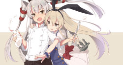Rule 34 | 10s, 2girls, amatsukaze (kancolle), blonde hair, chef, dress, gloves, grey eyes, hair tubes, hairband, highres, kantai collection, leaning forward, long hair, looking at another, multiple girls, open mouth, pastry bag, ribbed dress, shimakaze (kancolle), silver hair, smirk, standing, two side up, upper body, white dress, white gloves, yellow eyes, yuuzuki (re&#039;ef)