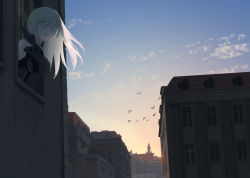 Rule 34 | 1girl, animal, architecture, armor, bad id, bad pixiv id, bare shoulders, bird, bismarck (kancolle), blonde hair, blue eyes, brick wall, building, city, cloud, commentary request, day, fujibejifu, hair between eyes, kantai collection, long hair, looking at viewer, military, military uniform, no headwear, parted lips, railing, silhouette, sky, solo, sunlight, sunset, tile roof, tower, tsurime, uniform, window