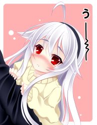 Rule 34 | 1girl, ahoge, aphilia (kiyomin), blush, child, hairband, highres, kiyomin, long hair, original, red eyes, ringed eyes, rounded corners, silver hair, solo, sweater, tears