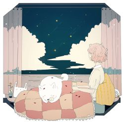 Rule 34 | 1girl, blanket, rabbit, cloud, cup, curtains, dog, eyelashes, flower, holding, holding cup, horizon, looking away, looking outside, original, petals, pink hair, puffy short sleeves, puffy sleeves, shooting star, short hair, short sleeves, sitting, sky, star (sky), tofuvi, water, window