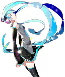 Rule 34 | 1girl, absurdly long hair, aqua eyes, aqua hair, bare shoulders, detached sleeves, hatsune miku, headphones, long hair, looking at viewer, necktie, open mouth, serori, simple background, skirt, solo, thighhighs, twintails, very long hair, vocaloid, zettai ryouiki