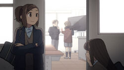 1boy 3girls bag black_jacket brown_coat brown_hair brown_sweater classroom coat confession curtains eavesdropping flat_screen_tv grey_pants grey_skirt highres jacket kojiro337 long_hair multiple_girls original pants ponytail school_bag school_uniform shirt skirt sweater television valentine white_shirt