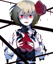 Rule 34 | + +, 1girl, :d, ascot, black skirt, black vest, blonde hair, blood, blood on hands, blood on clothes, cowboy shot, dripping, fangs, frilled shirt collar, frills, hair ribbon, highres, ikurauni, long sleeves, looking at viewer, nail polish, open mouth, pale skin, red eyes, red nails, red ribbon, ribbon, rumia, shaded face, shirt, simple background, skirt, smile, solo, teeth, touhou, vest, white background, white shirt